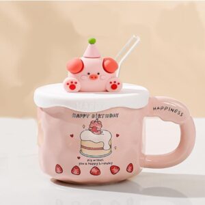 Tasse à Café en Céramique 380 ml – Avec Couvercle, Paille & Motif Cochon Mignon