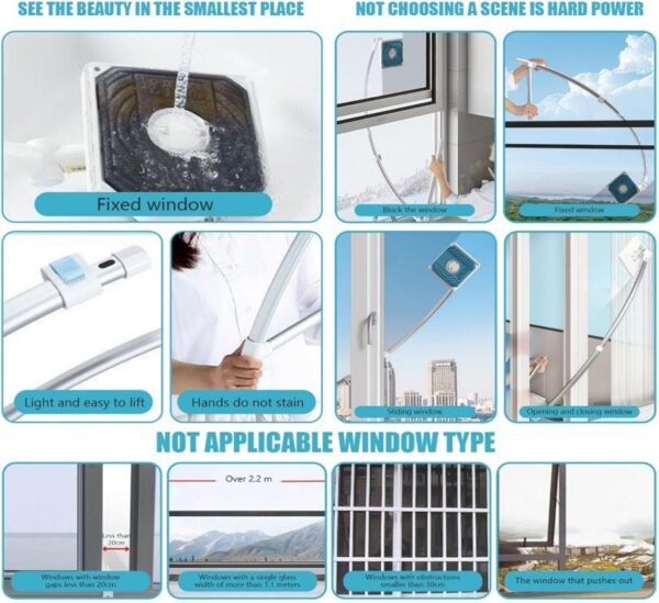 Nettoyeur de Vitres Extensible 2 en 1 – Tête Rotative à 360°, Manche Rétractable - Image 3