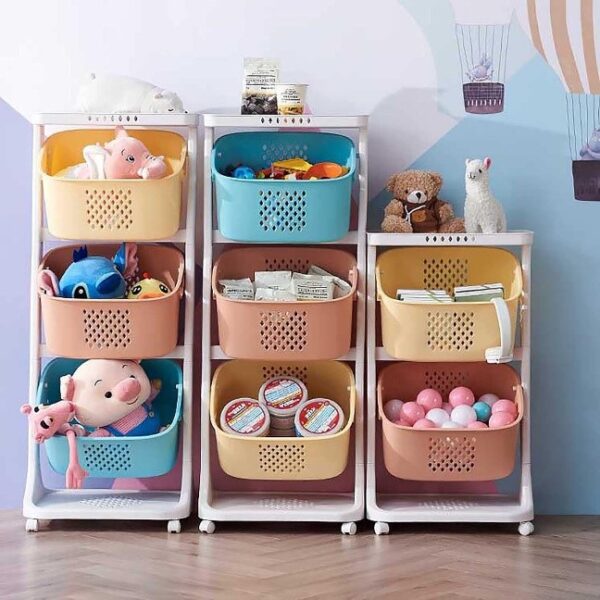 paniers de rangement mobiles en plastique pour jouets d’enfants