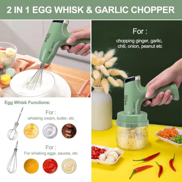Mixeur Électrique 2 en 1 Lychee | 5 Vitesses + Mini Robot Culinaire | Rechargeable USB – Vert - Image 2
