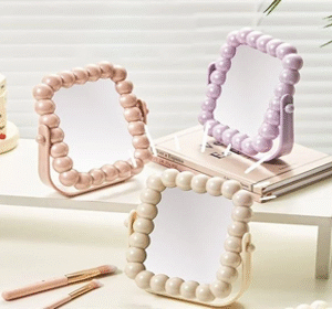 Miroir de Maquillage Double Face – Cadre Perles Vintage Européen – Rotation 360°