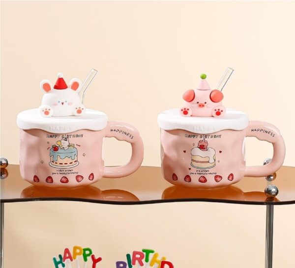 Tasse à Café en Céramique 380 ml – Avec Couvercle, Paille & Motif Cochon Mignon - Image 4