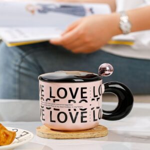 Tasse à Café Humoristique en Céramique – 14 oz / 400 ml – Marbrée Rose avec Couvercle